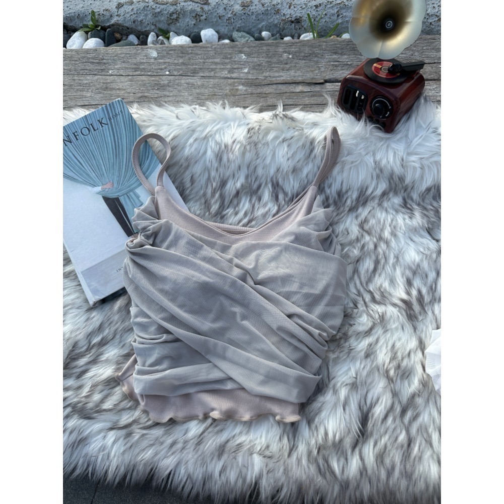 現貨｜复甜美百搭皺摺交叉網紗背心小可愛bratop-細節圖7