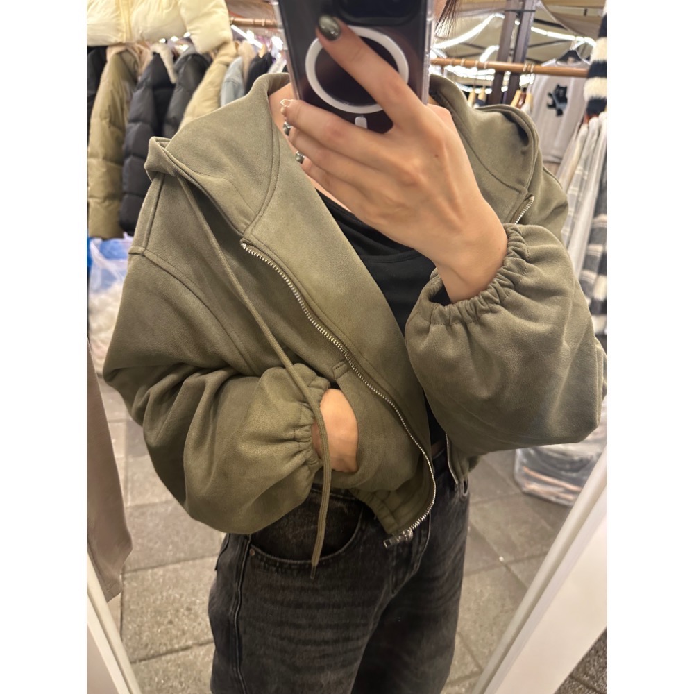 現貨｜莫蘭迪色麂皮短版連帽外套251015-細節圖4