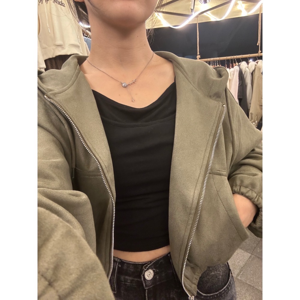 現貨｜莫蘭迪色麂皮短版連帽外套251015-細節圖5