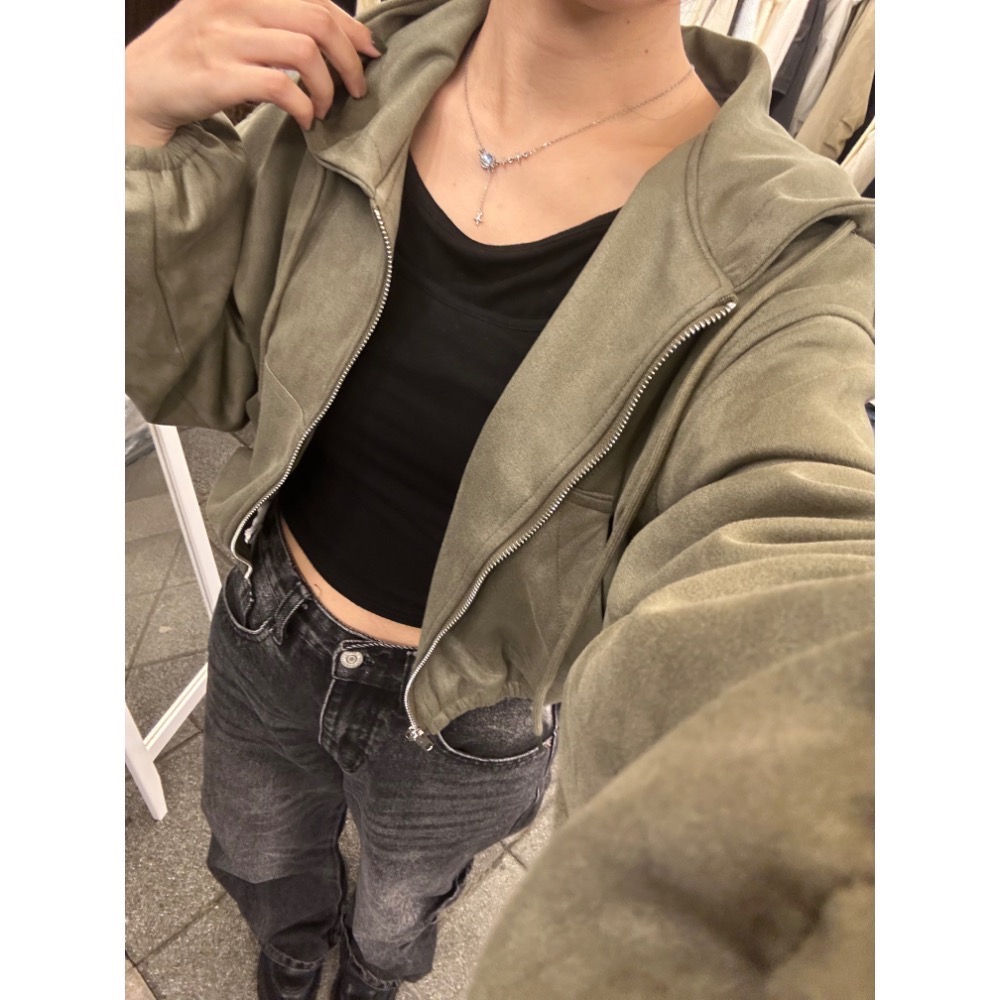 現貨｜莫蘭迪色麂皮短版連帽外套251015-細節圖6