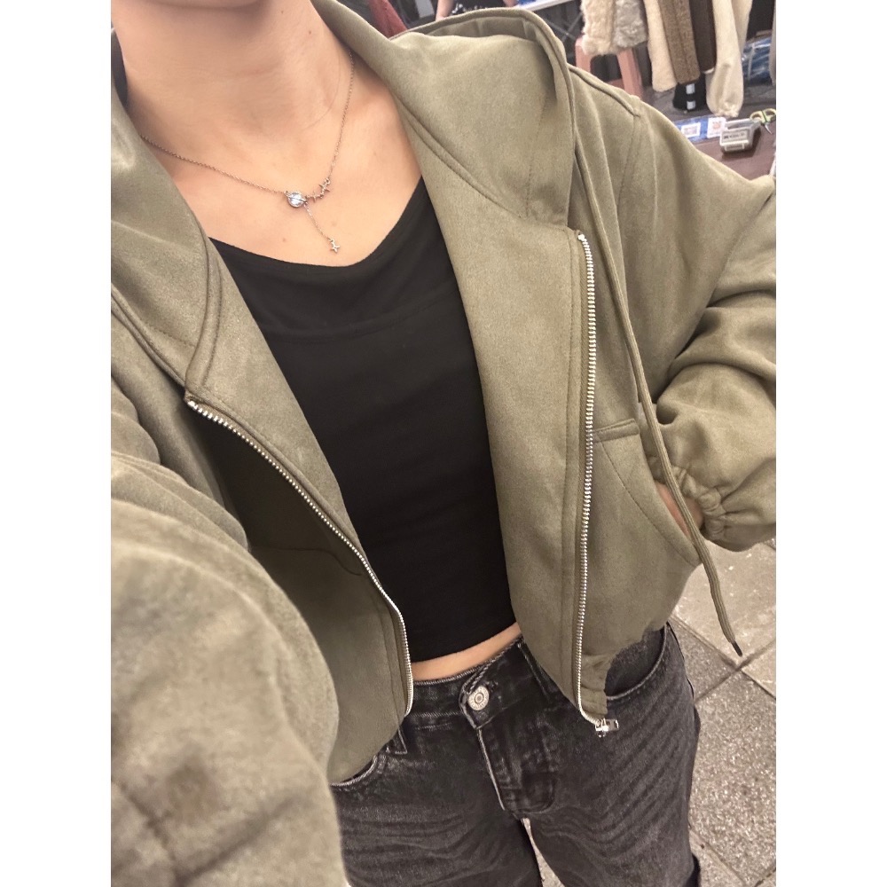 現貨｜莫蘭迪色麂皮短版連帽外套251015-細節圖9