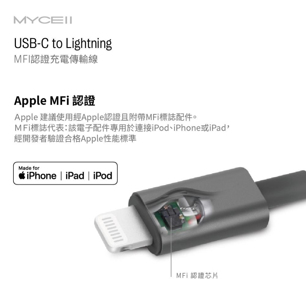 【小牛3C】MYCELL USB-C to Lightning 充電線1.5M（MFi/快充/iPhone/iPad）-細節圖3