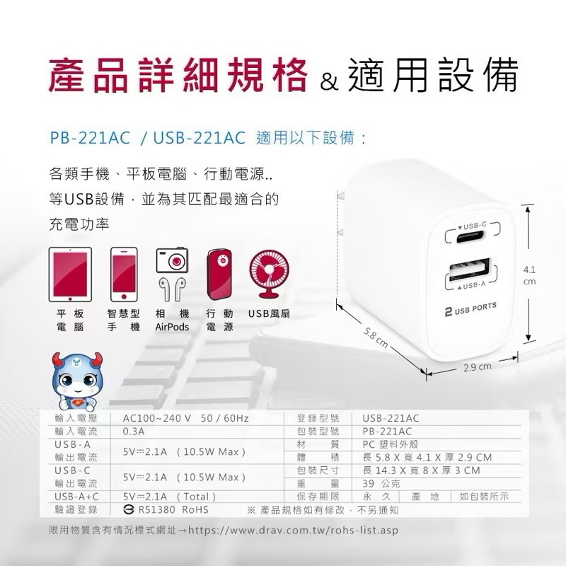 ￼防火雙孔 USB-A & TYPEC 充電器 充電頭 USB-221AC 插座-細節圖8