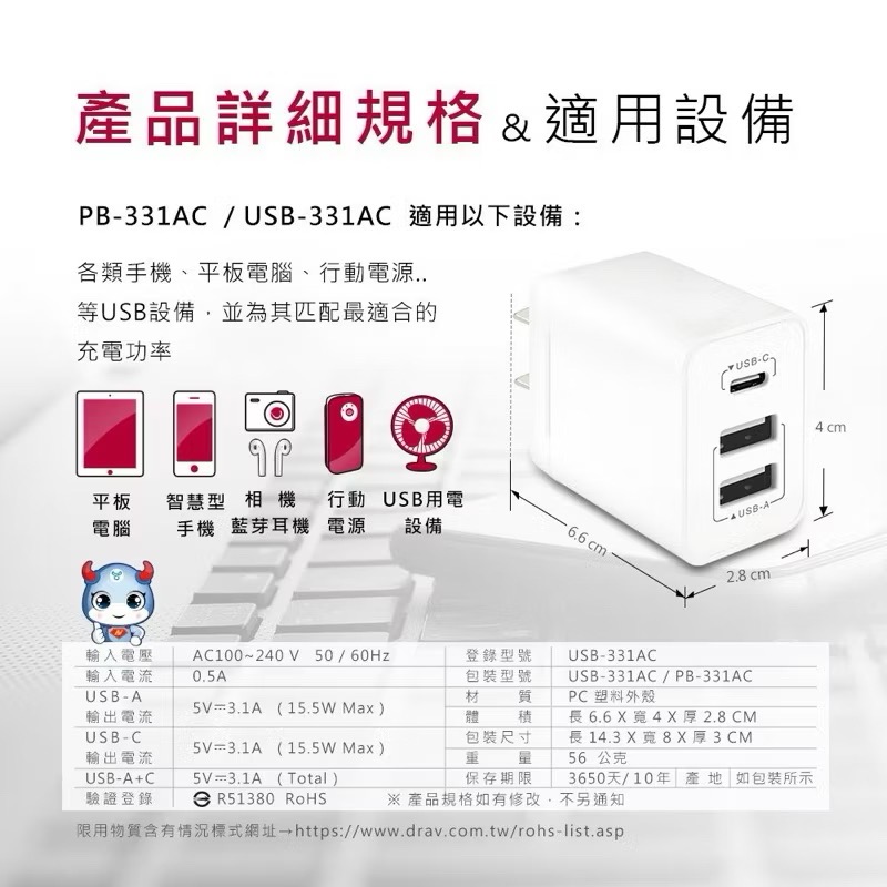 ￼防火三孔 3.1A 充電器 充電頭 USB-331AC 插頭-細節圖8
