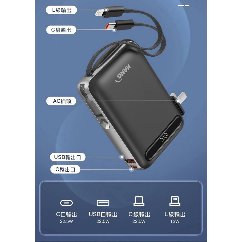 HANG AC2 自帶插頭 10000mAh 行動電源 22.5W三合一 PD QC快充-規格圖10