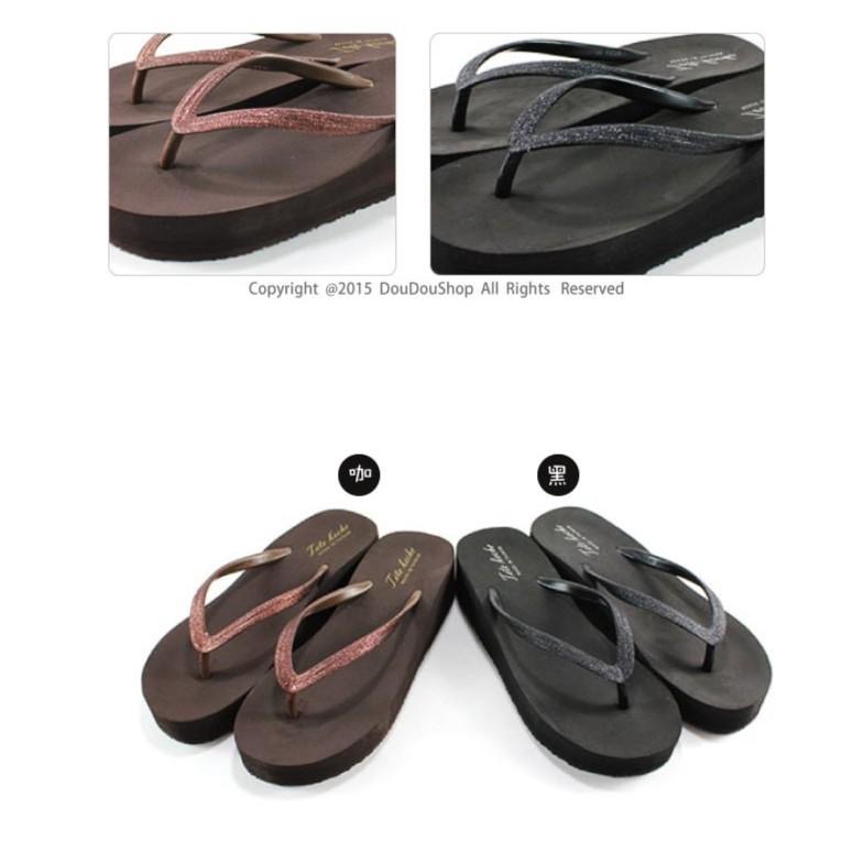 ￼台灣製 現貨+預購✨春夏新品-典雅 金蔥 亮片 點綴 厚底 人字 海灘 涼拖☆ 黑 人字拖 夾腳拖 防水-細節圖5