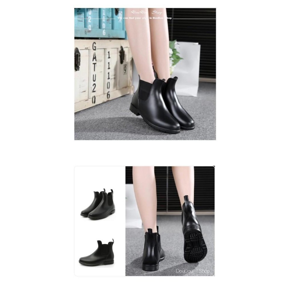 台灣出貨🔥現貨+預購  便宜【歐美雜誌款-熱銷雨靴-素面側鬆緊短筒平底雨靴 】男女短筒雨鞋 ☆ 黑-細節圖4