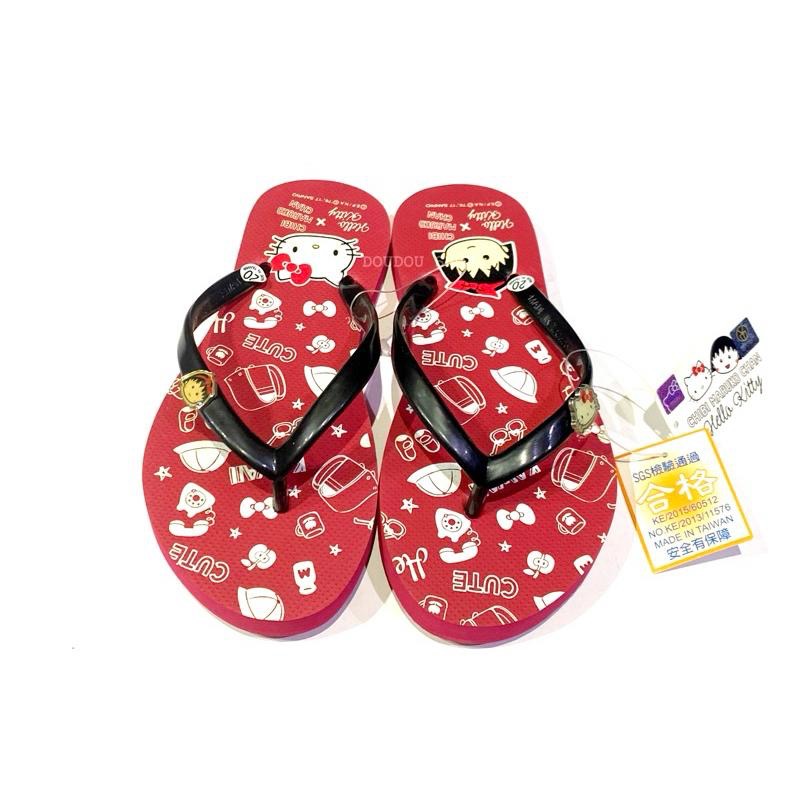 台灣製 限量降售🎀 三麗鷗 正版 Hello Kitty 櫻桃小丸子聯名款 兒童 女 親子 人字拖 夾腳拖鞋 海灘拖-細節圖2