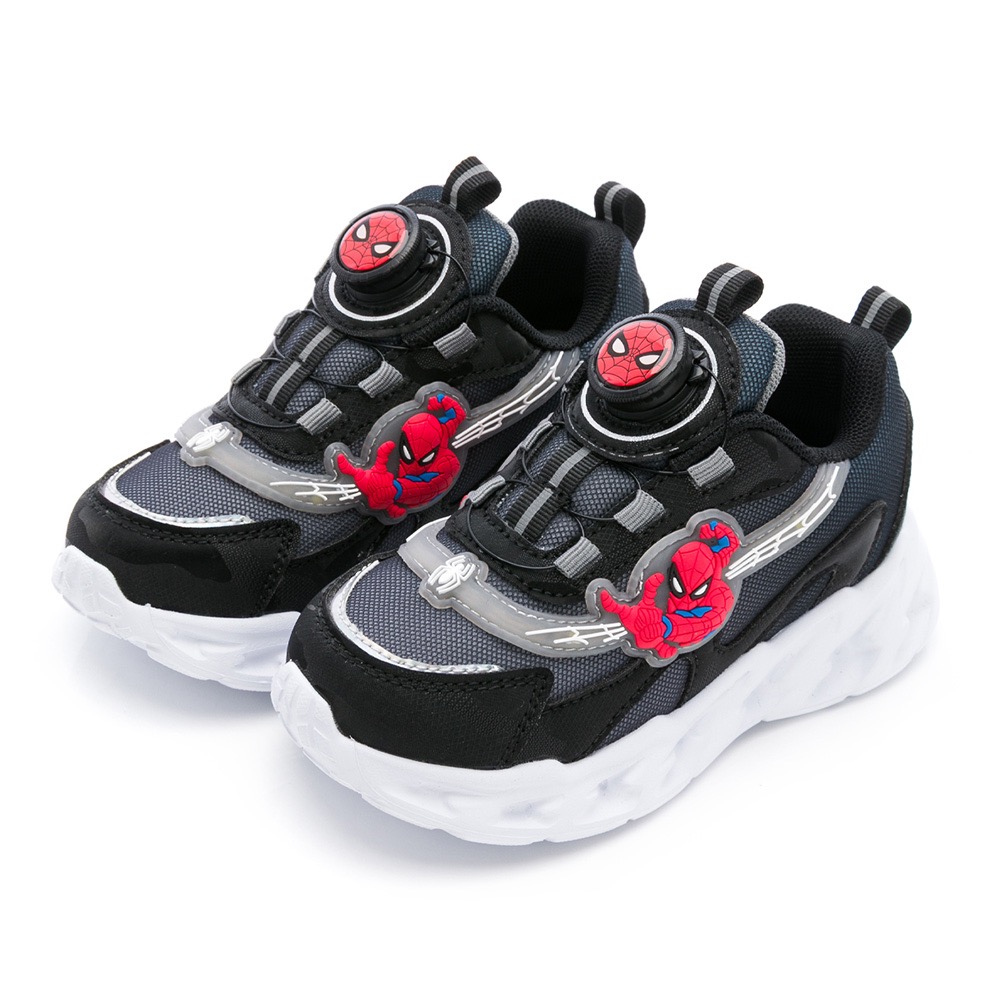 ￼MARVEL 漫威 蜘蛛人 童鞋 中童 旋轉鈕扣  電燈鞋 輕量 抗菌 透氣 魔鬼氈 護趾 黑 兒童球鞋 兒童運動鞋-細節圖2