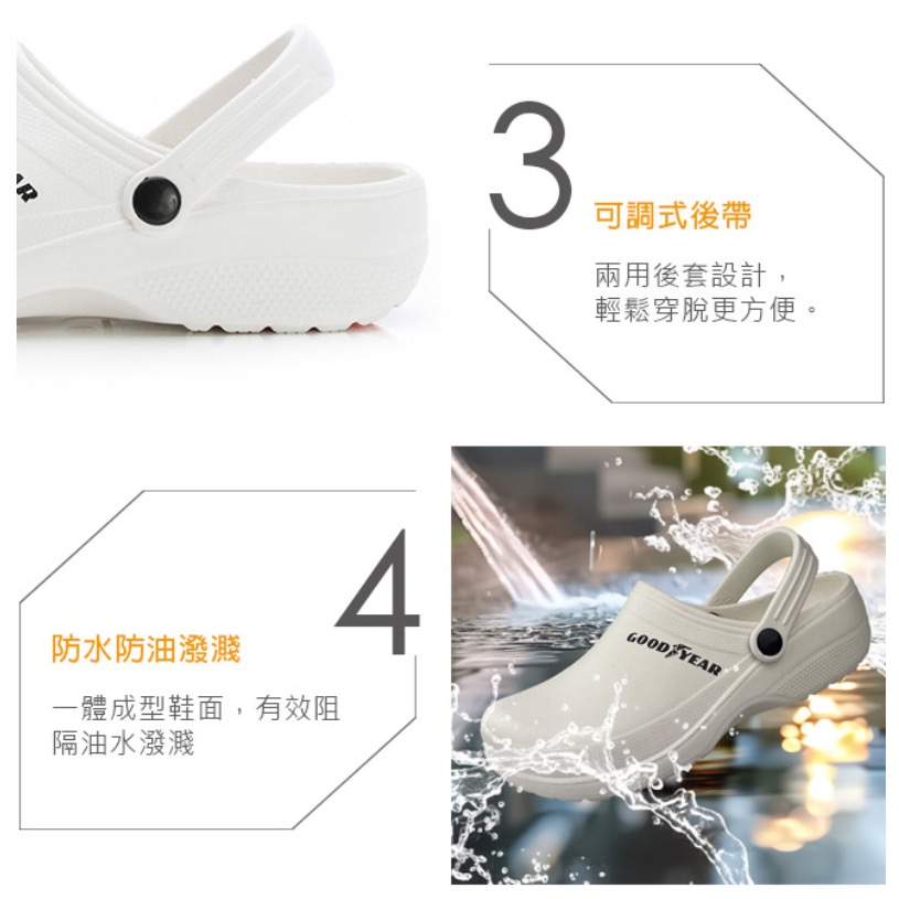 GOODYEAR 固特異 男 女 多功能 防水 防油 輕便鞋 護趾 輕量 水陸兩用 緩震 抓地底紋 外送鞋 廚師鞋 白-細節圖4