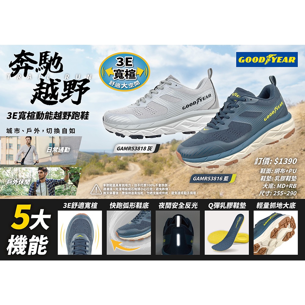 GOODYEAR 固特異 3E 寬楦  越野鞋 運動鞋 戶外鞋 透氣 奔馳越野 輕量 越野運動鞋 夜間安全反光 灰-細節圖9