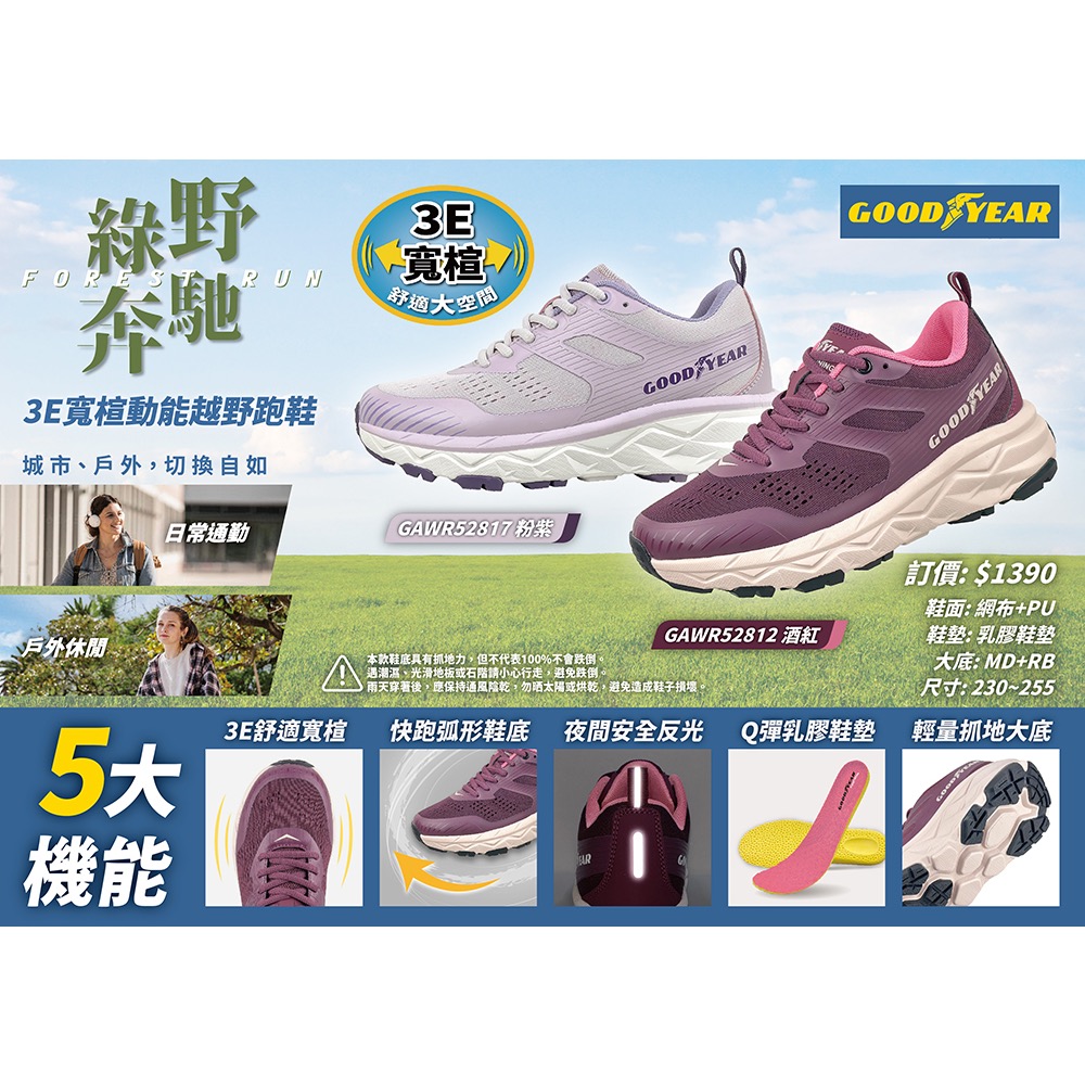 GOODYEAR 固特異 3E 寬楦  女 越野鞋 運動鞋 戶外鞋 透氣 奔馳越野 輕量 越野運動鞋 夜間安全反光 酒紅-細節圖9