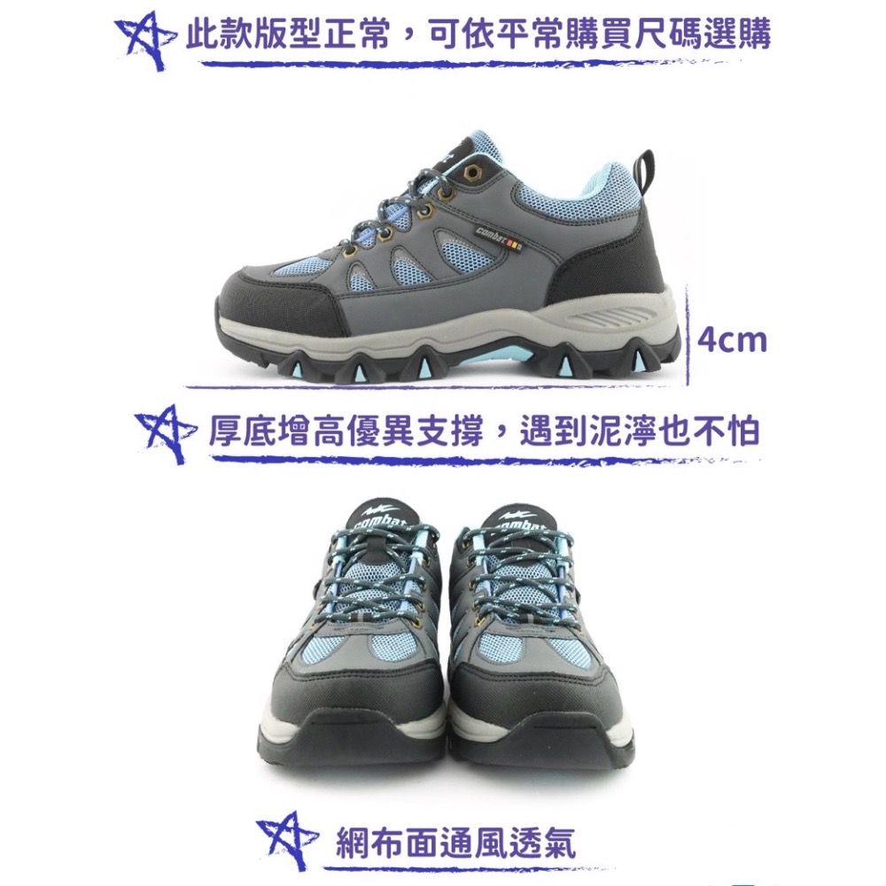 COMBAT 女 防潑水 戶外 登山鞋 戶外鞋 健行 透氣 吸震 止滑 耐磨 夜光 乳膠鞋墊 灰藍-細節圖3