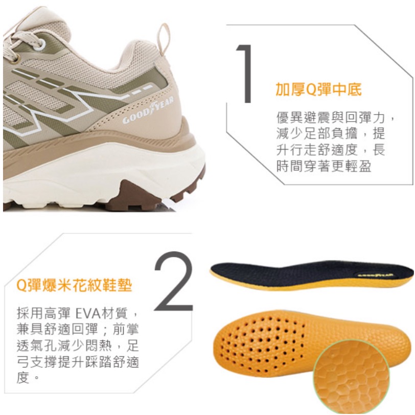 固特異 GOODYEAR 女 防潑水 越野跑鞋 戶外鞋 透氣 止滑 耐磨  越野鞋 夜間反光  Q彈  厚底 奶茶-細節圖9