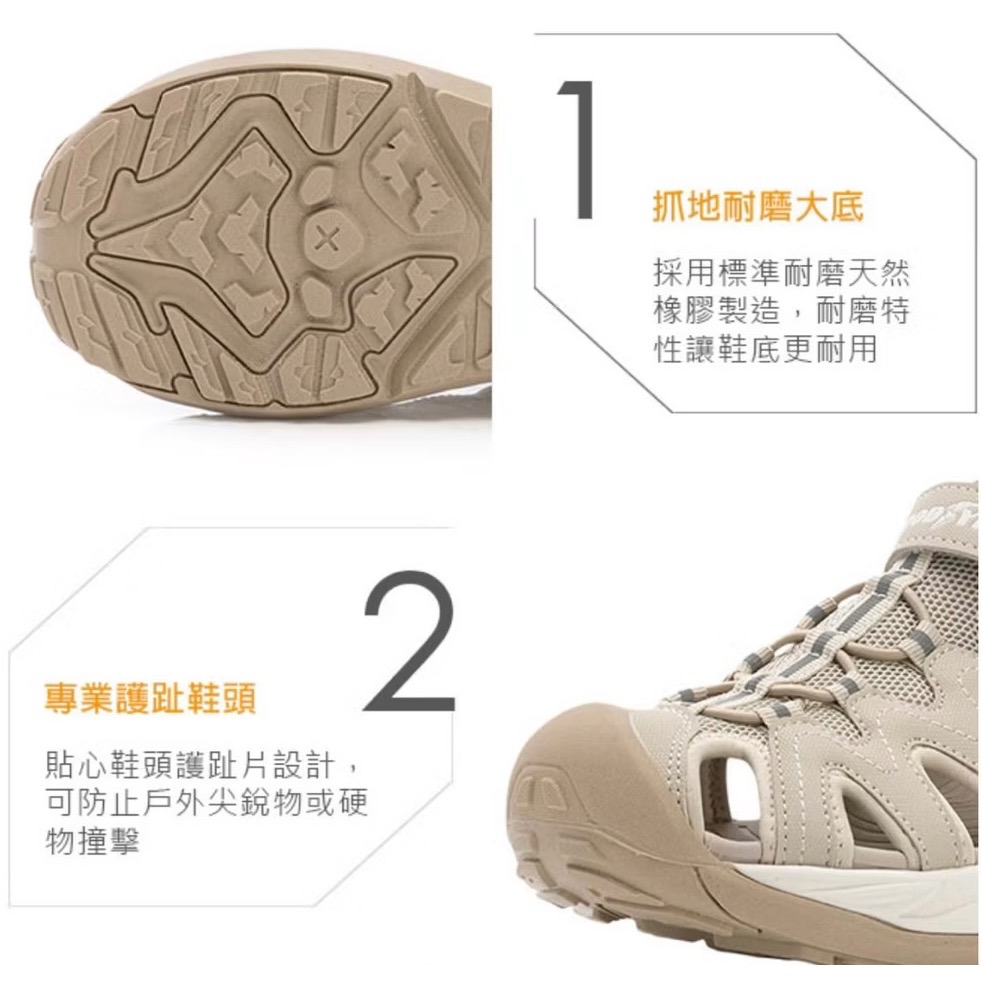 GOODYEAR  固特異 女 水陸 磁吸 護趾 涼鞋 運動涼鞋 排水 透氣 磁扣 止滑 耐磨 護腳趾 夜間反光 米 灰-細節圖3