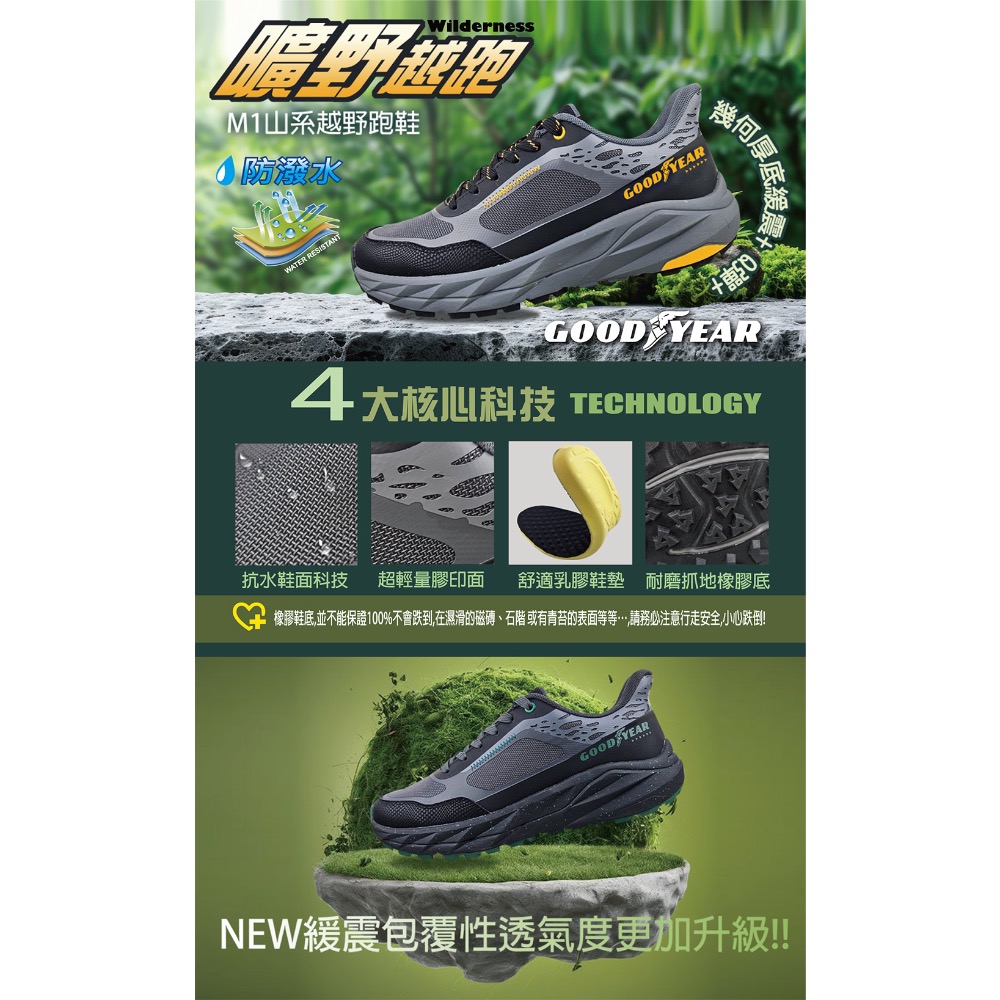 GOODYEAR 固特異 男鞋 3E 寬楦 防潑水 乳膠墊 Q彈 緩震 越野鞋 運動鞋 灰綠-細節圖2