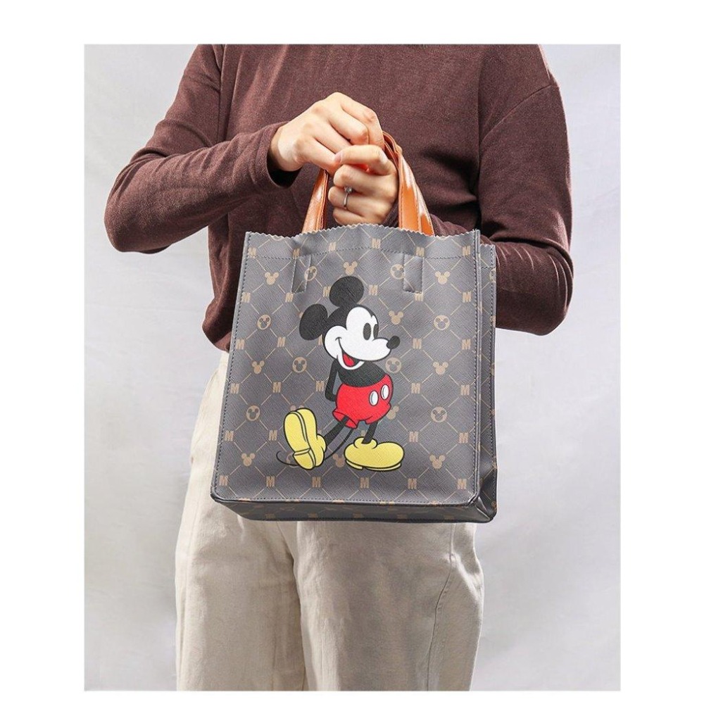 正版✨經典米奇皮革手提袋托特包 灰色款 迪士尼托特包手提袋 十字紋提袋 PVC防水表面（平行輸入代購）-細節圖8