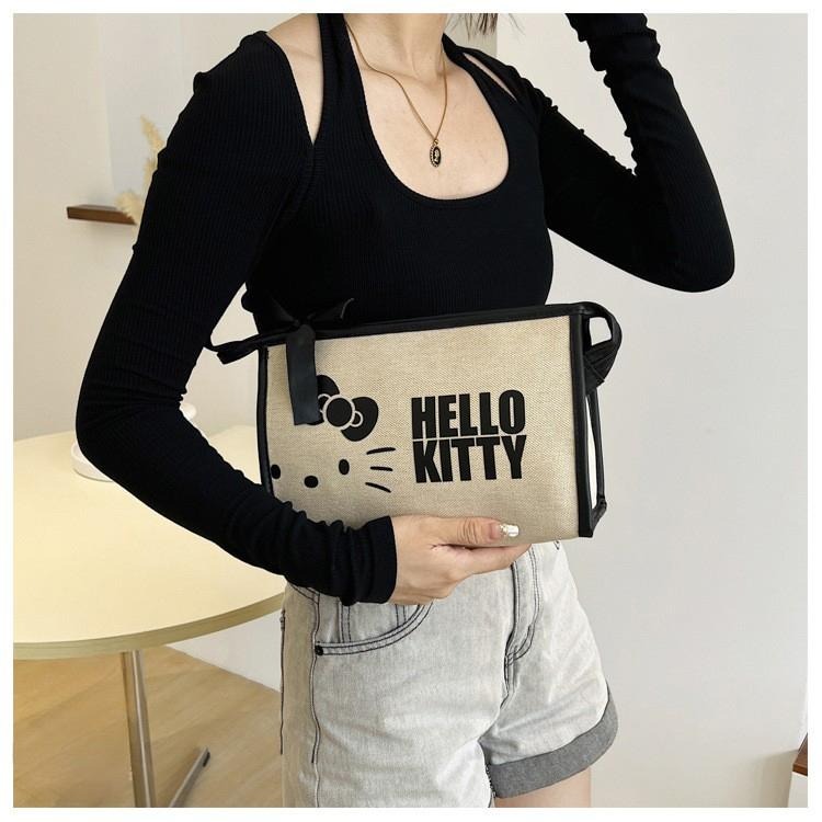 正版✨Hello Kitty帆布收納包 手提袋 托特包 凱蒂貓系列包 大容量包包 媽咪包 黑米兩色可選（平行輸入代購）-細節圖4