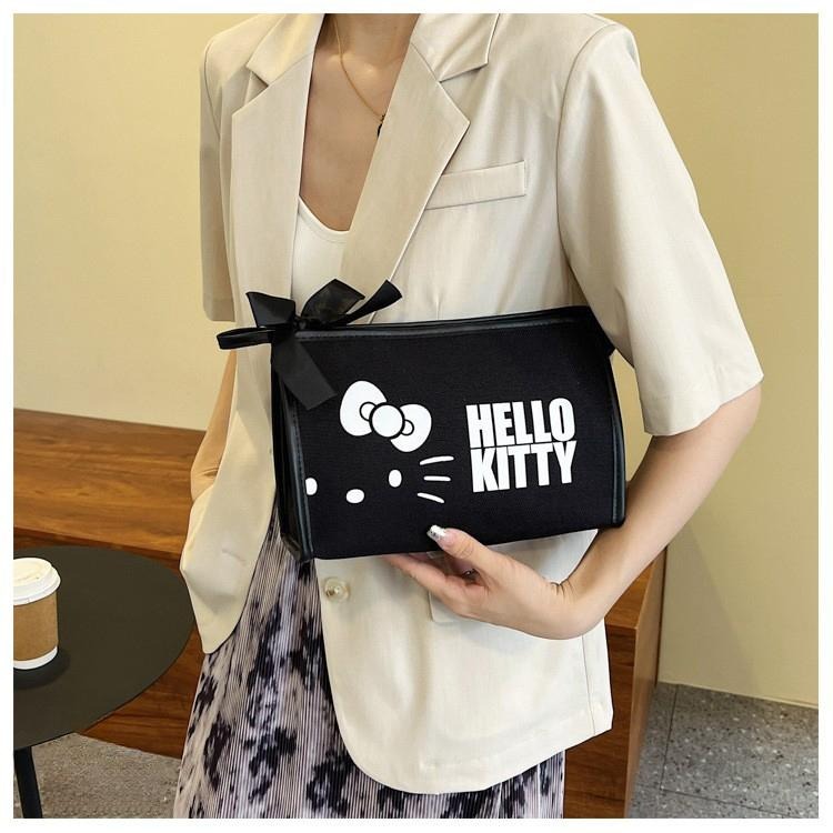 正版✨Hello Kitty帆布收納包 手提袋 托特包 凱蒂貓系列包 大容量包包 媽咪包 黑米兩色可選（平行輸入代購）-細節圖5