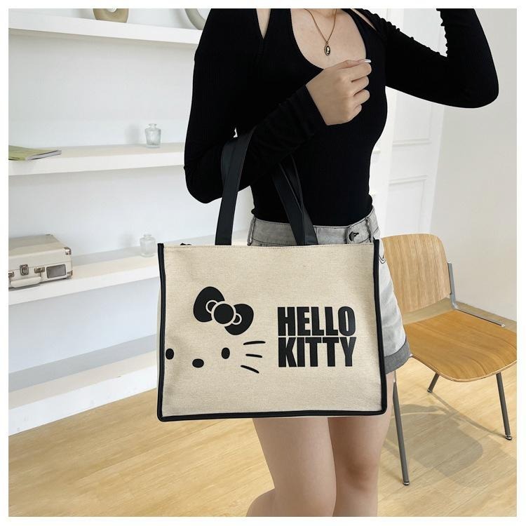 正版✨Hello Kitty帆布收納包 手提袋 托特包 凱蒂貓系列包 大容量包包 媽咪包 黑米兩色可選（平行輸入代購）-細節圖6