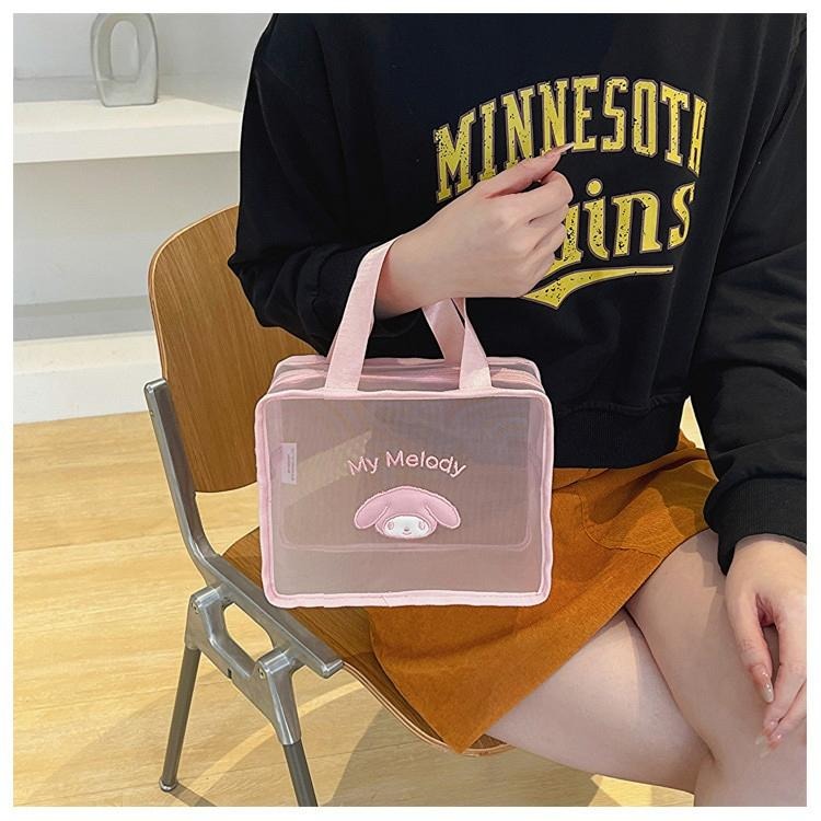 即將完售✨三麗鷗Hello Kitty化妝包 網紗防水手提包 網紗盥洗包 凱蒂貓 大耳狗 美樂蒂 酷洛米（平行輸入代購）-細節圖7