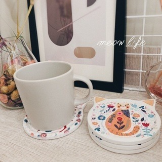 Meow life 貓咪 陶瓷杯墊 吸水杯墊 防滑杯墊 隔熱墊 防滑墊 貓型 古典歐風 [台灣現貨]-細節圖2