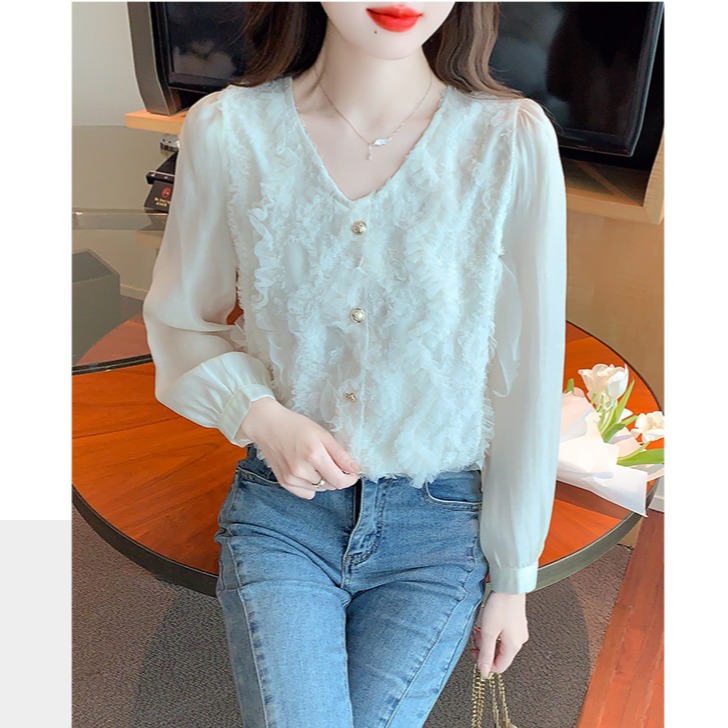 現貨 法式蕾絲繡花襯衫長袖上衣 L-細節圖2