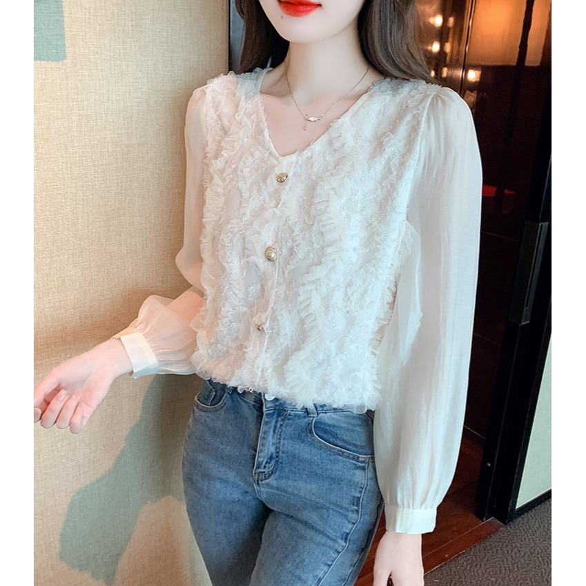 現貨 法式蕾絲繡花襯衫長袖上衣 L-細節圖3