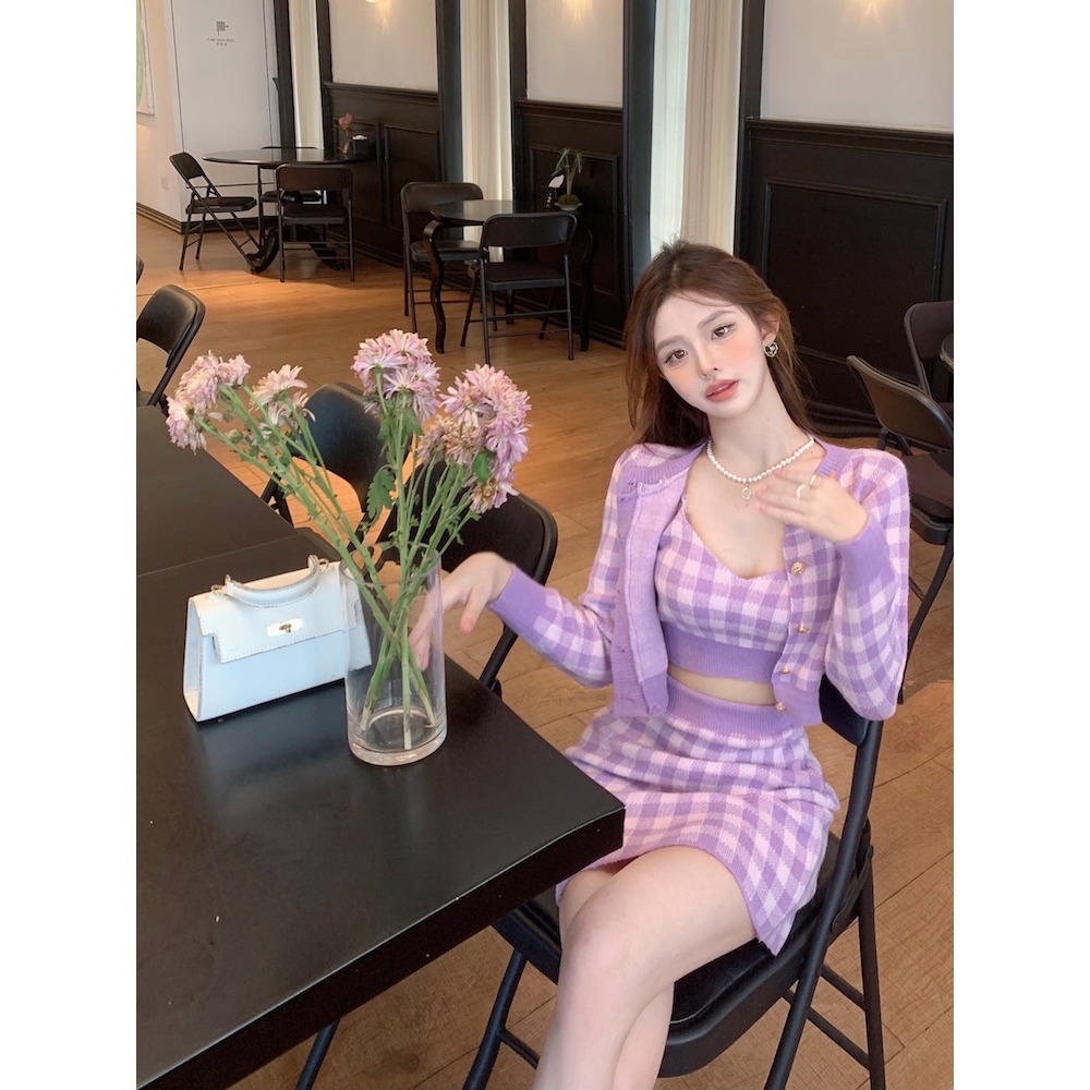 現貨 小香風復古溫柔格子外套+吊帶+半身裙三件套裝-細節圖2