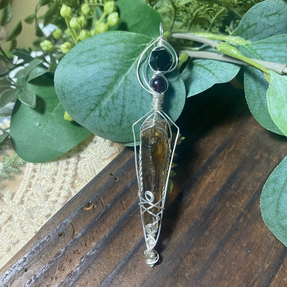 【循靈飾戴】雲砌-茶晶/煙晶/黑曜石/紅石榴、水晶靈擺項鍊、藝術編織、編織項鍊-細節圖2