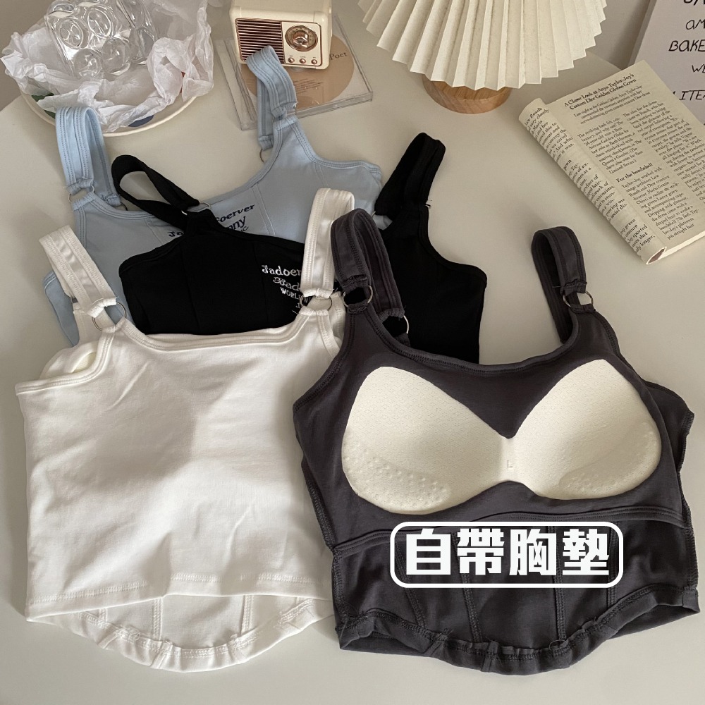 【台中出貨】 吊帶背心 背心 小可愛 無袖背心 字母刺繡 短版背心 夏日清涼必備 純棉 高彈力 顯瘦 女生衣服-細節圖2