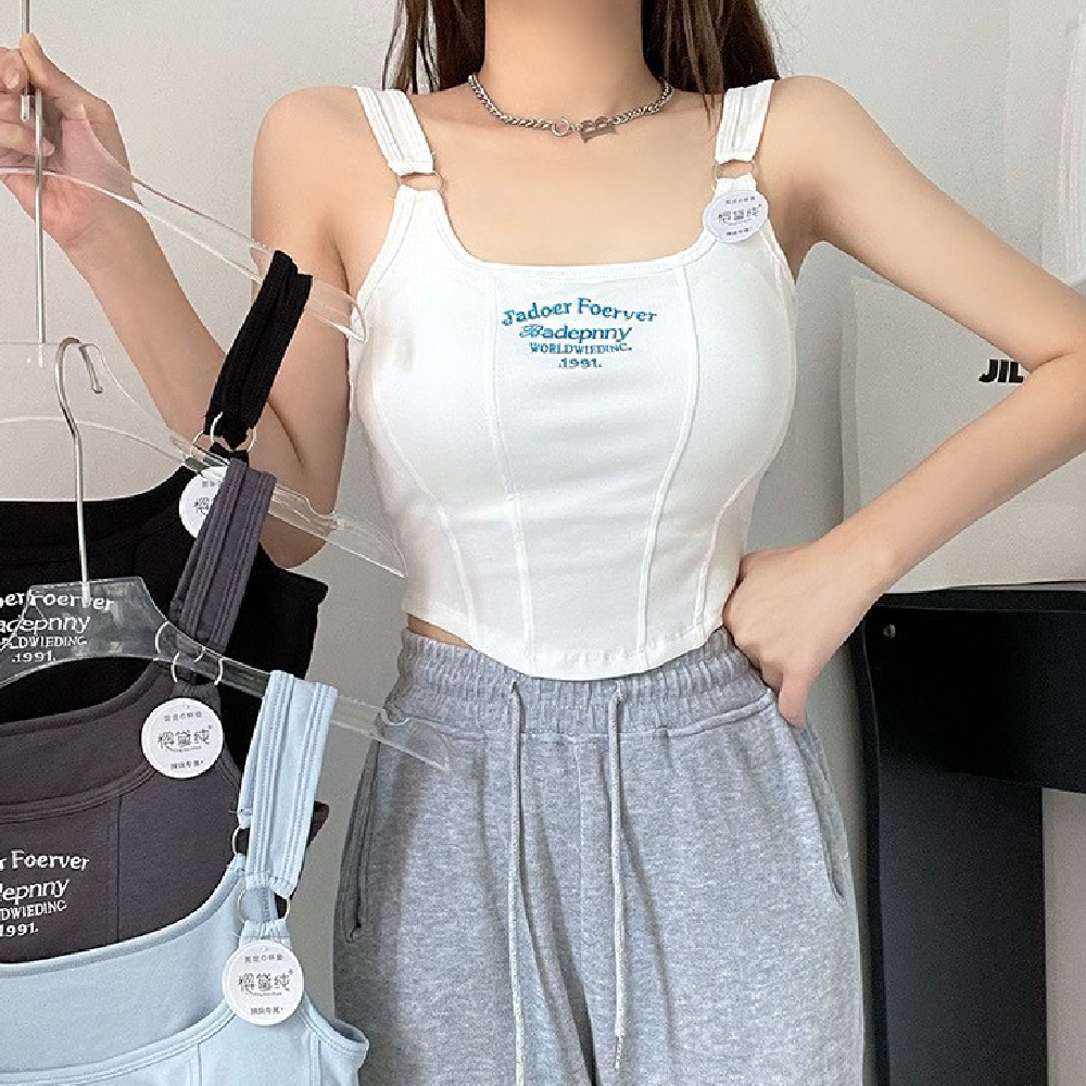 【台中出貨】 吊帶背心 背心 小可愛 無袖背心 字母刺繡 短版背心 夏日清涼必備 純棉 高彈力 顯瘦 女生衣服-細節圖4