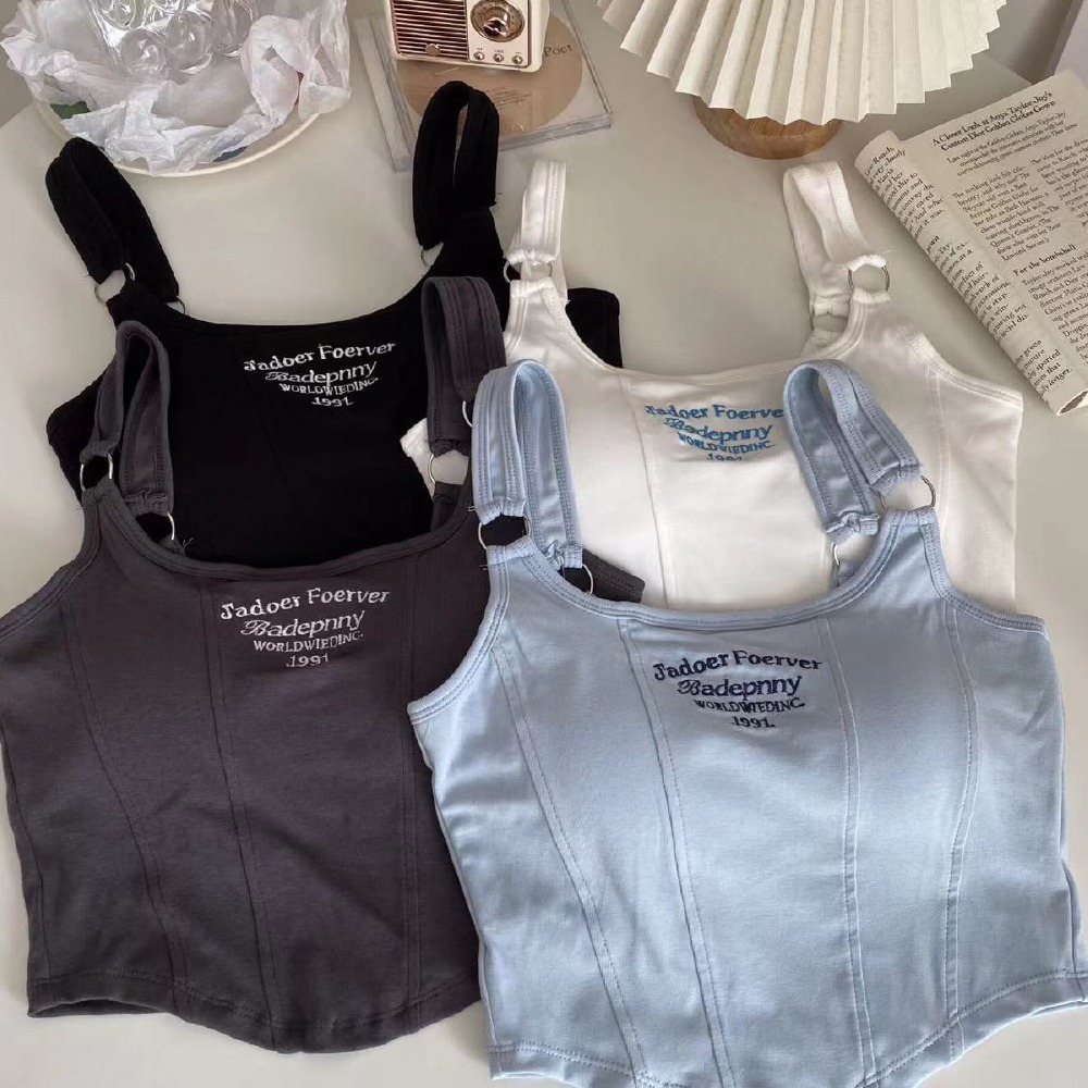 【台中出貨】 吊帶背心 背心 小可愛 無袖背心 字母刺繡 短版背心 夏日清涼必備 純棉 高彈力 顯瘦 女生衣服-細節圖5