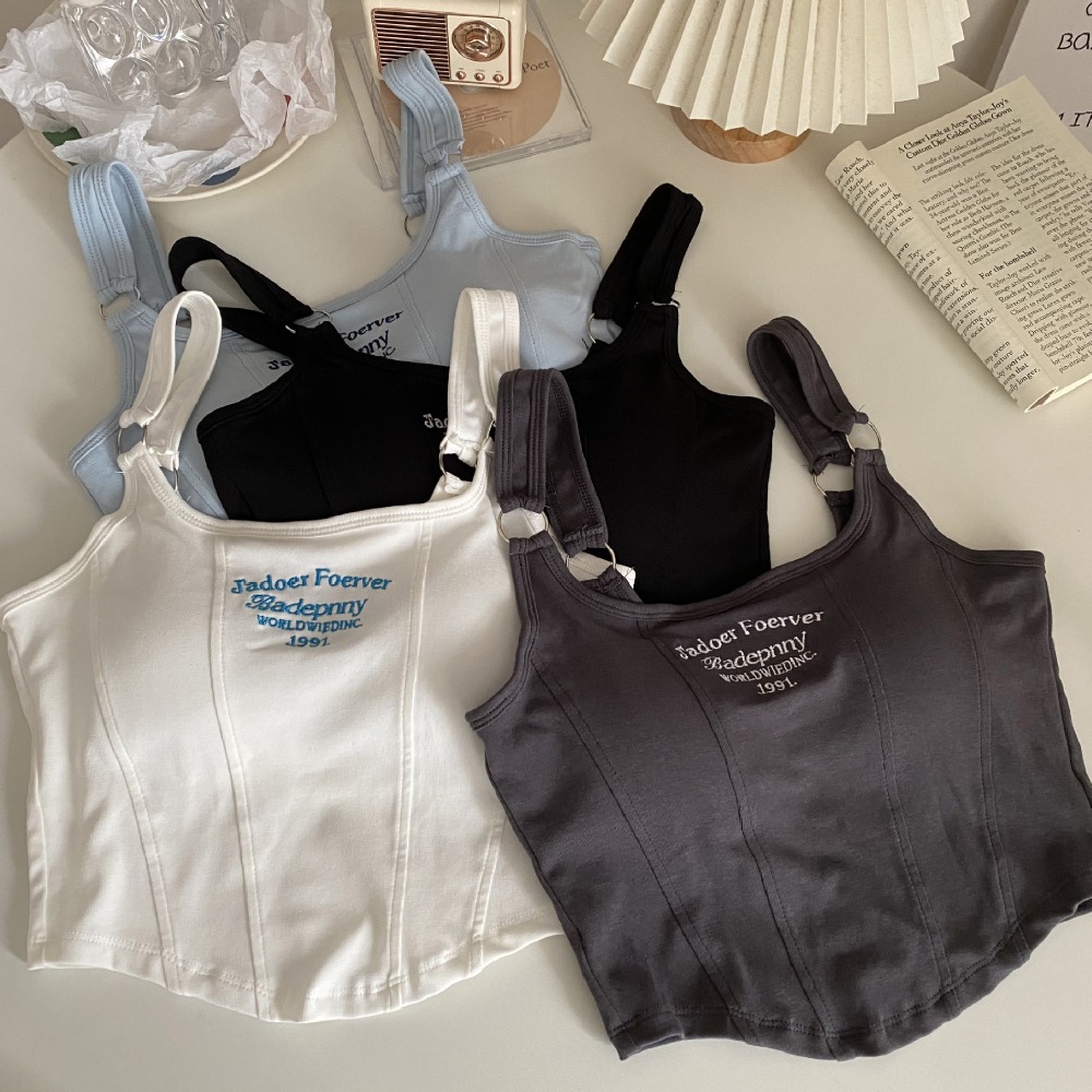 【台中出貨】 吊帶背心 背心 小可愛 無袖背心 字母刺繡 短版背心 夏日清涼必備 純棉 高彈力 顯瘦 女生衣服-細節圖6