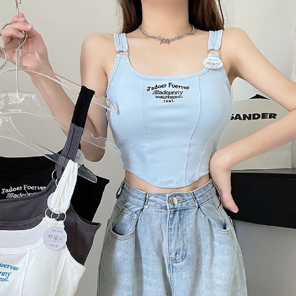 【台中出貨】 吊帶背心 背心 小可愛 無袖背心 字母刺繡 短版背心 夏日清涼必備 純棉 高彈力 顯瘦 女生衣服-細節圖7