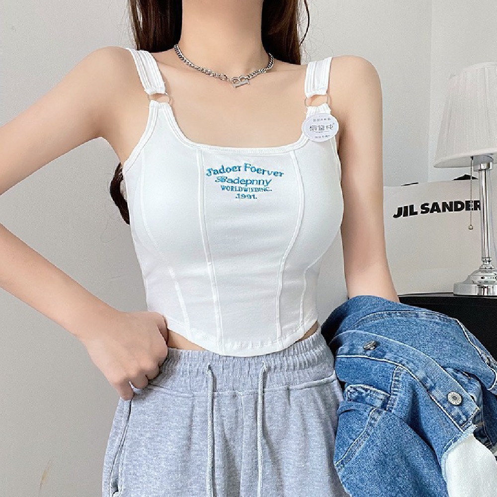 【台中出貨】 吊帶背心 背心 小可愛 無袖背心 字母刺繡 短版背心 夏日清涼必備 純棉 高彈力 顯瘦 女生衣服-細節圖8
