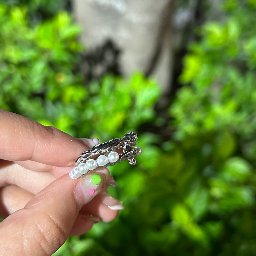 雙層 珍珠星芒亮鑽波紋戒指！✨-細節圖7