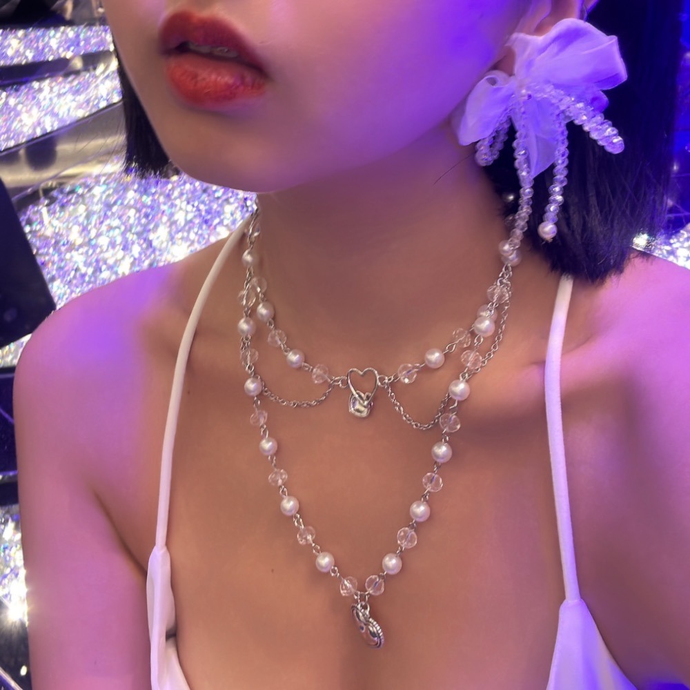 華麗白色穿搭 紗紗蝴蝶結閃閃耳環 / 雙層愛心透白公主風項鍊-細節圖4