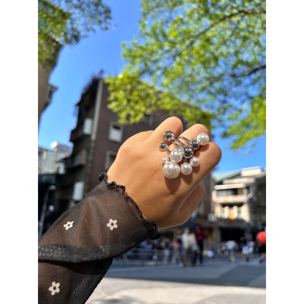 ＼浮誇請進/ 日系 銀珠+珍珠 雙層 葡萄串串 戒指-細節圖2