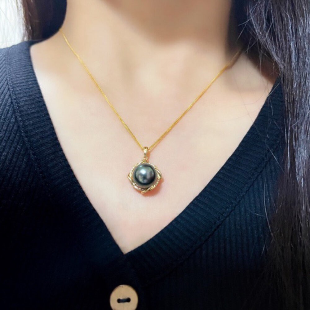 【WhiteKuo】18k三色漩渦天然大溪地珍珠鑽石項鏈-細節圖5