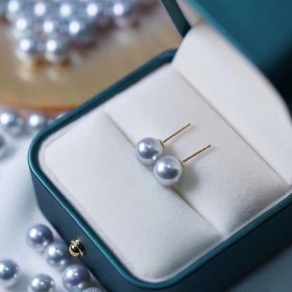 【WhiteKuo】18k天然海水akoya真多麻珍珠耳針7.5~8mm-細節圖3