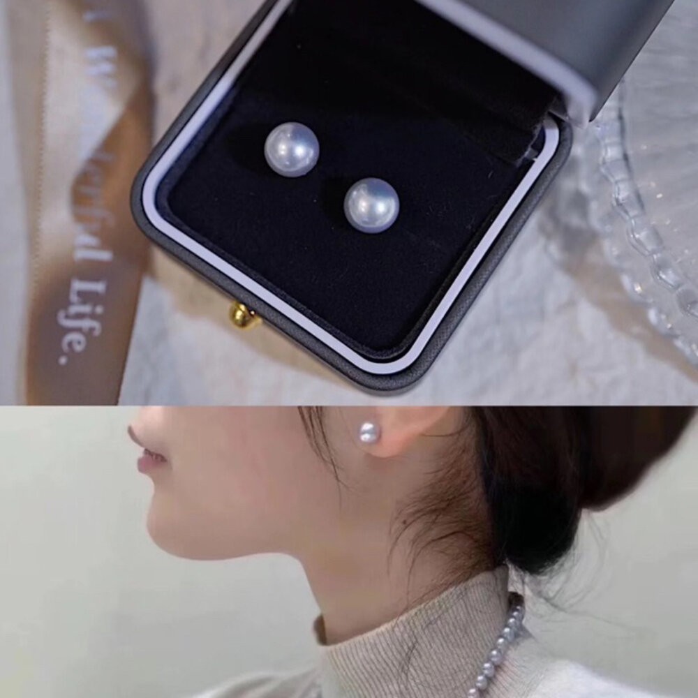 【WhiteKuo】18k天然海水akoya真多麻珍珠耳針7.5~8mm-細節圖4