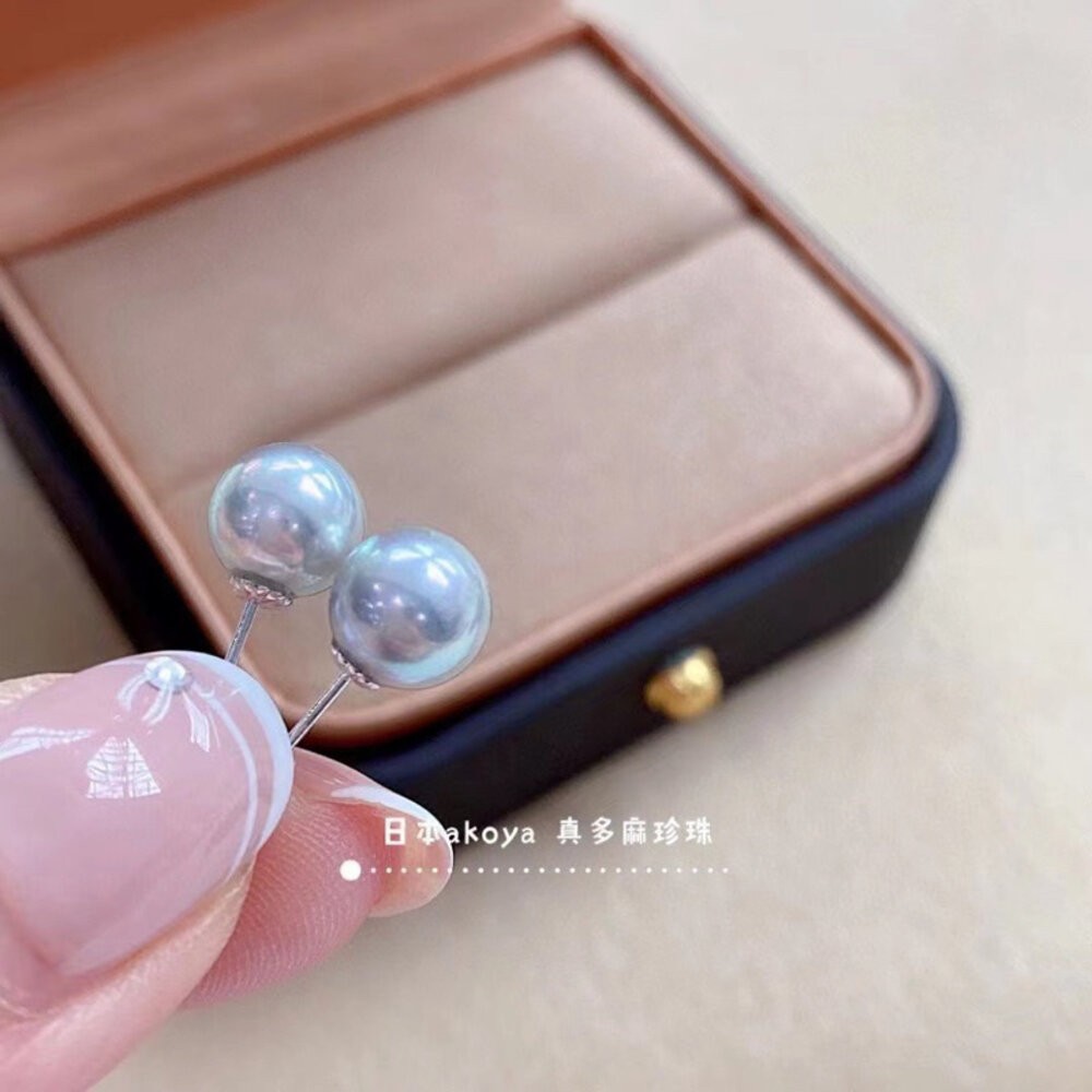 【WhiteKuo】18k天然海水akoya真多麻珍珠耳針7.5~8mm-細節圖5
