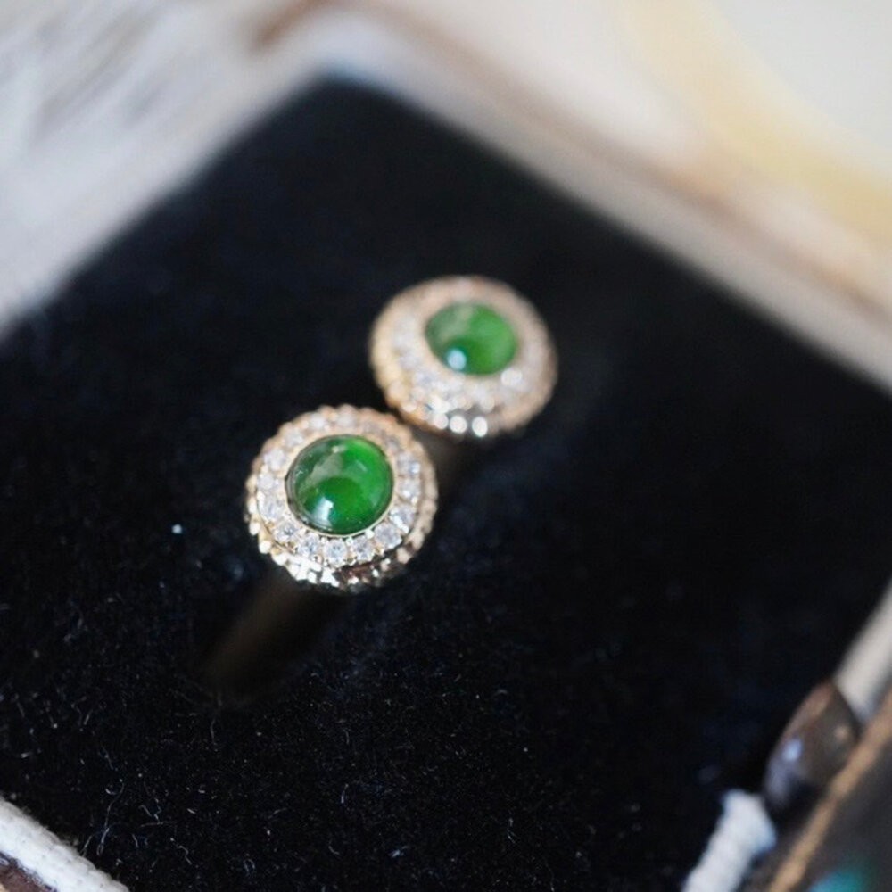 【WhiteKuo】18k天然翡翠鑽石麻花邊耳飾/耳釘/耳針-細節圖2