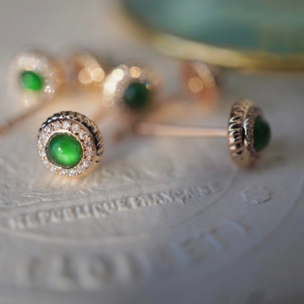 【WhiteKuo】18k天然翡翠鑽石麻花邊耳飾/耳釘/耳針-細節圖3