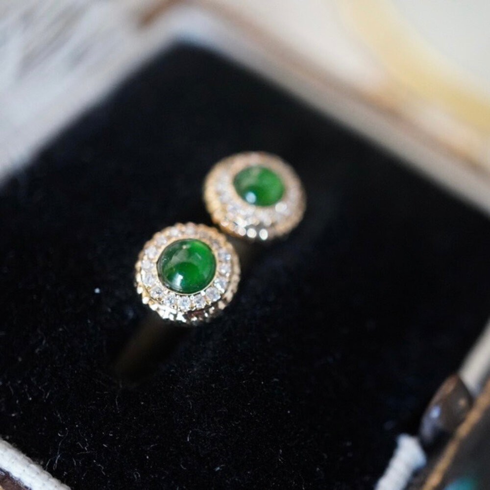 【WhiteKuo】18k天然翡翠鑽石麻花邊耳飾/耳釘/耳針-細節圖4