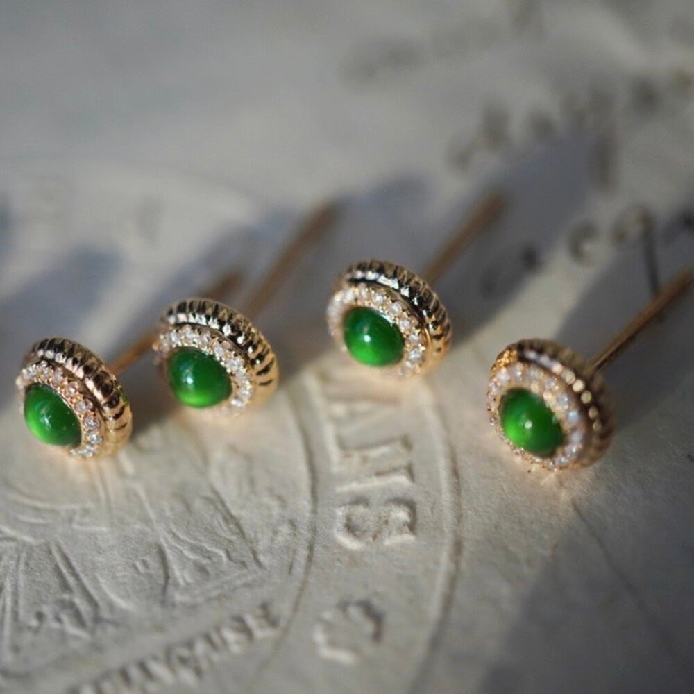 【WhiteKuo】18k天然翡翠鑽石麻花邊耳飾/耳釘/耳針-細節圖6