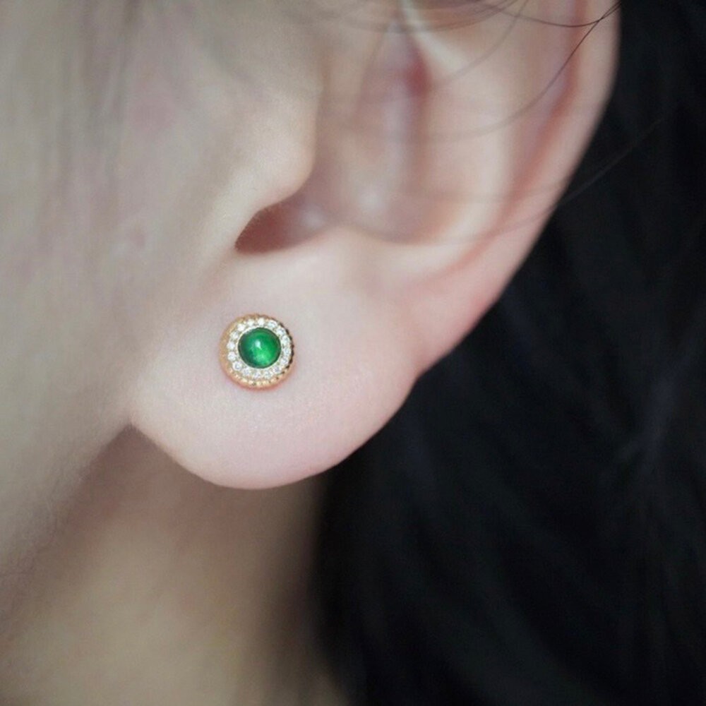 【WhiteKuo】18k天然翡翠鑽石麻花邊耳飾/耳釘/耳針-細節圖7