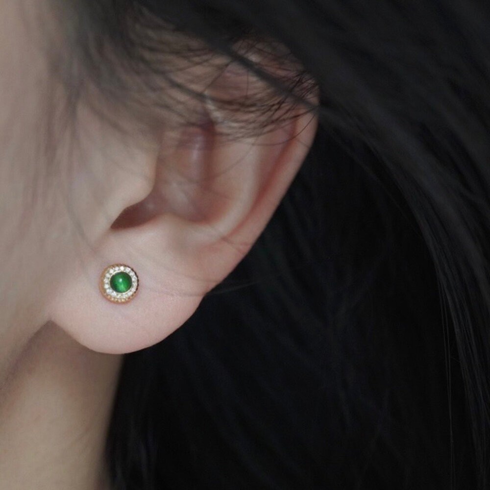 【WhiteKuo】18k天然翡翠鑽石麻花邊耳飾/耳釘/耳針-細節圖8