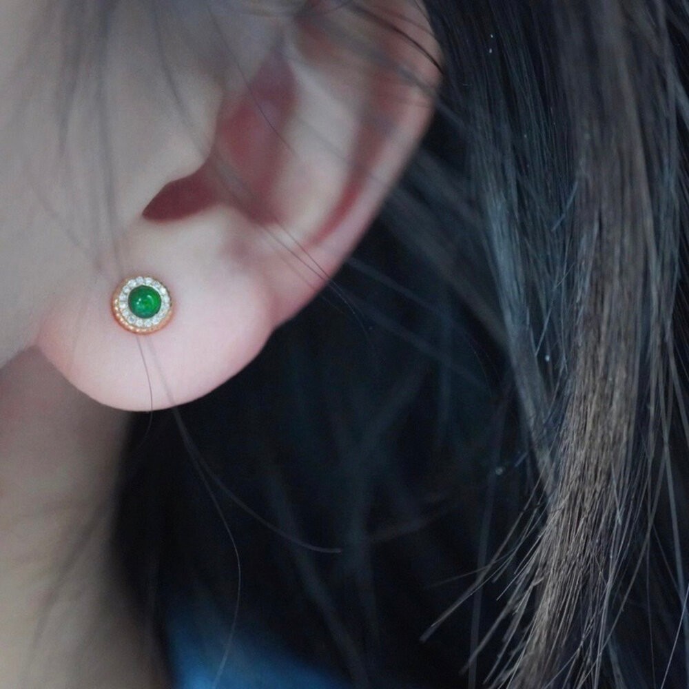 【WhiteKuo】18k天然翡翠鑽石麻花邊耳飾/耳釘/耳針-細節圖9